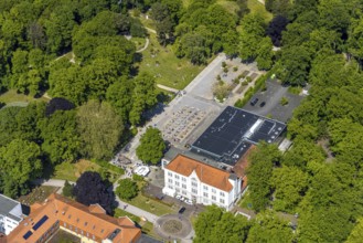 Aerial view of the spa hotel Hamm, spa hotel Bad Hamm, largest beer garden in Hamm, next to the