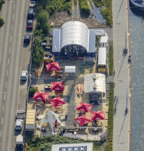 Aerial view, beer garden Pirates ANKER & HERZ in Hafenstraße, Mitte, Hamm, Ruhr area, North