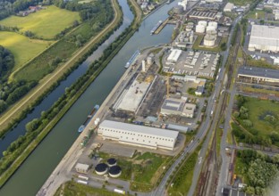 Aerial view, harbour with Lanfer logistics and loading terminal on the former Hugo Schneider site,