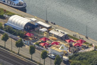 Aerial view, beer garden Pirates ANKER & HERZ in Hafenstraße, Mitte, Hamm, Ruhr area, North