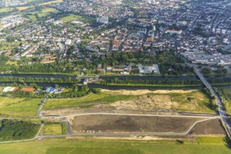 Aerial view, city centre view, construction site for protective dam at Jupp-Eickhoff-Weg, water