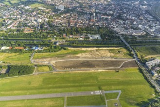 Aerial view, city centre view, construction site for protective dam at Jupp-Eickhoff-Weg, water