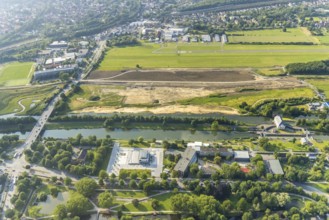 Aerial view, Hammonense grammar school, new water sports centre, construction site for protective