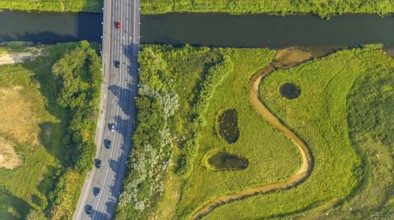 Aerial view, Lippe floodplain at the Münsterstraße bridge, Heessen, Hamm, Ruhr area, North