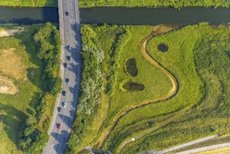 Aerial view, Lippe floodplain at the Münsterstraße bridge, Heessen, Hamm, Ruhr area, North