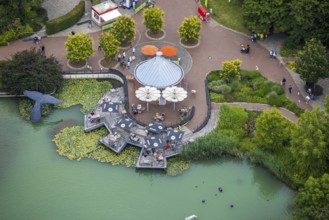 Aerial view, Maximilianpark leisure park, kiosk at the lake, Uentrop, Hamm, Ruhr area, North