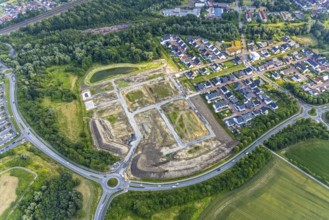 Aerial view, construction area at Sachsenring with housing estate in the district of Heessen, Hamm,