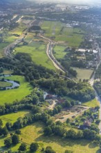 Aerial view, construction site for housing at the Schlossmühle am Mühlenteich, approach and