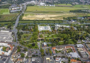 Aerial view, construction site new bridge in the Nordringpark in the district Mitte in Hamm, Ruhr