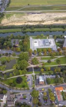 Aerial view, construction site new bridge in the Nordringpark in the district Mitte in Hamm, Ruhr
