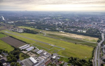 Aerial view, Hamm airfield and construction site for the Lippe floodplain experience project on the