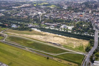 Aerial view, Hamm airfield and construction site for the Lippe floodplain experience project on the