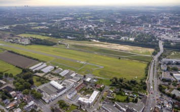 Aerial view, Hamm airfield and construction site for the Lippe floodplain experience project on the