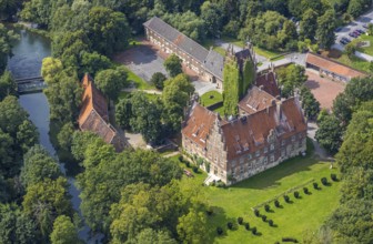 Aerial view, Heessen Castle on the River Lippe with public school and boarding school in the