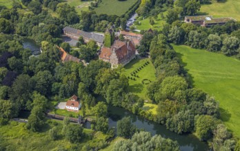 Aerial view, Heessen Castle on the river Lippe with public school and boarding school in the