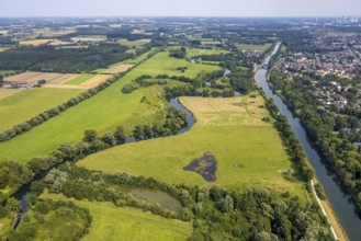 Aerial view, Lippe floodplain at Datteln-Hamm canal and river Lippe meander in Heessen, Hamm, Ruhr