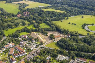 Aerial view, construction site and renovation of the Schlossmühle am Mühlengraben am Mühlenteich