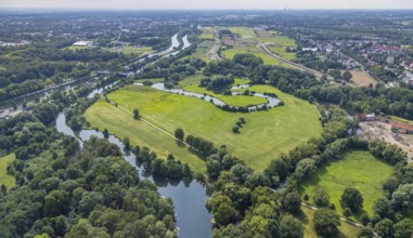 Aerial view, Lippe floodplain and millrace at the Datteln-Hamm canal and river Lippe in Heessen,