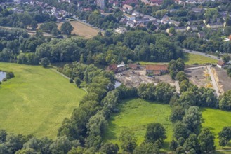 Aerial view, construction site and renovation of the Schlossmühle am Mühlengraben am Mühlenteich in