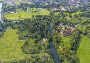 Aerial view, Heessen Castle on the river Lippe with public school and boarding school in the