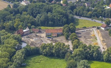 Aerial view, construction site and renovation of the Schlossmühle am Mühlengraben am Mühlenteich in