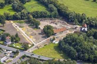 Aerial view, construction site and renovation of the Schlossmühle am Mühlengraben am Mühlenteich in