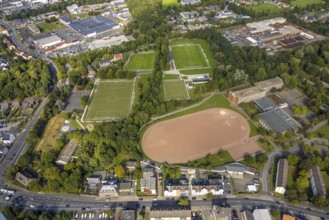 Aerial view, sports facility Adolf-Brühl-Stadion and Galilei-Gymnasium in the district Bockum-Hövel