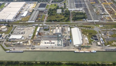 Aerial view, industrial area harbour with construction site Lanfer site and loading terminal at the