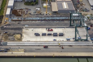 Aerial view, industrial area harbour with construction site Lanfer site and loading terminal at the