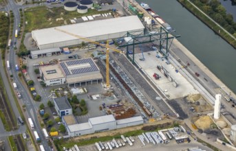 Aerial view, industrial area harbour with construction site Lanfer site and loading terminal at the