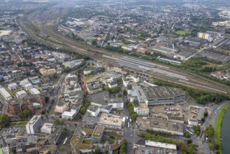 Aerial view, city centre view with Platz der Deutschen Einheit and Hamm central station in the