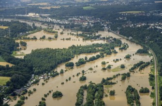 Aerial photograph, Ruhr flood, flooding, flooded campsite at Kempel in Niederwenigern, Hattingen,