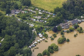Aerial photograph, Ruhr flood, flooding, flooded campsite at Kempel in Niederwenigern, Hattingen,