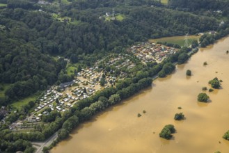 Aerial photo, Ruhr flood, flooding, flooded campsite leisure centre Ruhr Valley, Winz, Hattingen,