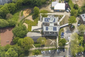 Aerial view, district and support centre Oberilp, former primary school Oberilp, residential area