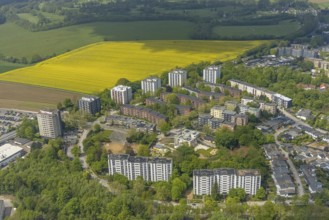 Aerial view, residential area and high-rise buildings Rhönstraße, district and development centre