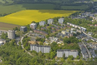 Aerial view, residential area and high-rise buildings Rhönstraße, district and development centre
