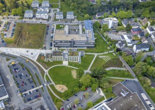 Aerial view, Hefelmannpark and Heiligenhaus public library, Campusallee, Leubeck, Heiligenhaus,