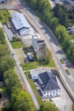 Aerial view, panorama cycle path at the old granary, Leubeck, Heiligenhaus, Ruhr area, North