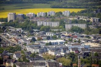 Aerial view, residential area with high-rise buildings, Leubeck, Heiligenhaus, Ruhr area, North
