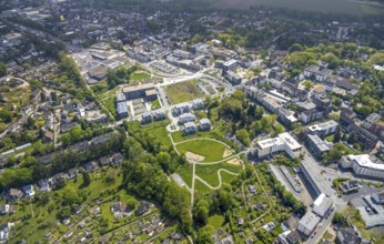 Aerial view, Thormälenpark, Hefelmannpark and Heiligenhaus public library, Leubeck, Heiligenhaus,