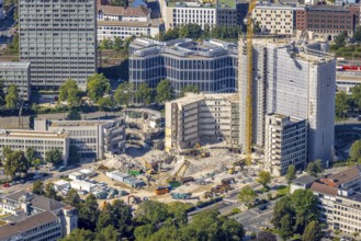 Aerial view, demolition Ypsilon-Haus of RWE headquarters Essen in the Huyssenallee, planned new