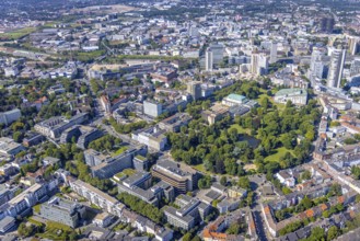 Aerial view, city centre view Essen with demolition Ypsilon-Haus of RWE headquarters Essen and city