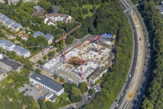 Aerial view, construction site and new construction of apartment buildings on Manfredstraße and
