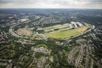 Aerial view, the Ruhr loop near Überruhr, a week ago there was still land under water at this point