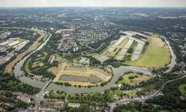 Aerial view, the Ruhr loop near Überruhr, a week ago there was still land under water at this point