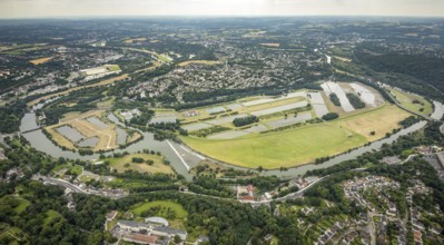 Aerial view, the Ruhr loop near Überruhr, a week ago there was still land under water at this point