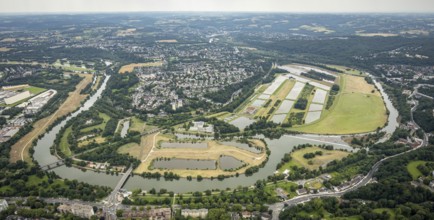 Aerial view, the Ruhr loop near Überruhr, a week ago there was still land under water at this point
