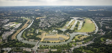 Aerial view, the Ruhr loop near Überruhr, a week ago there was still land under water at this point