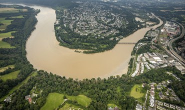 Aerial photo, Ruhr flood, flooding, Ruhrbogen Heisingen, Kupferdreh, Essen, Ruhr area, North